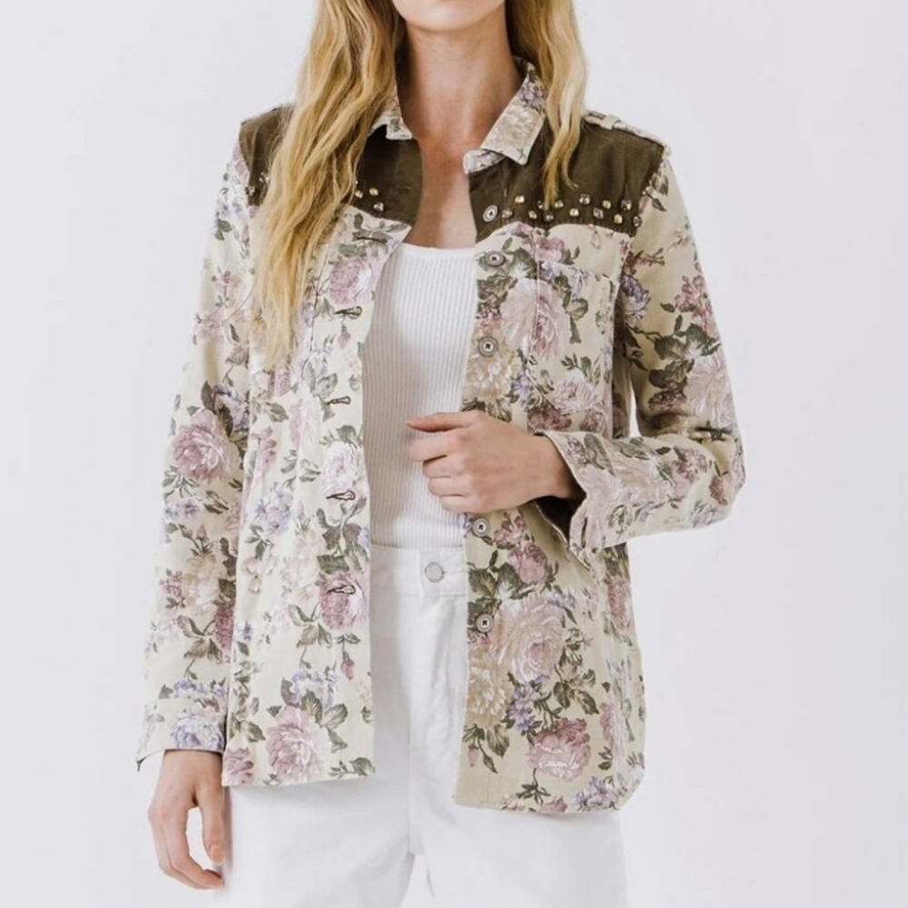English Rose Floral Beige Jacket with Studded Accents Size L